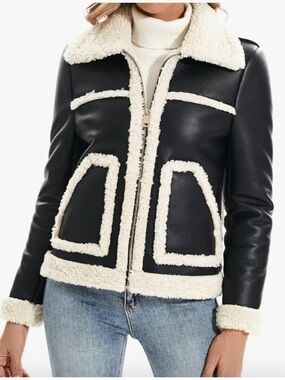 NWT Faux Shearing Moto Jacket Thick Fur Lined Coat Sherpa Leather Jacket  Small